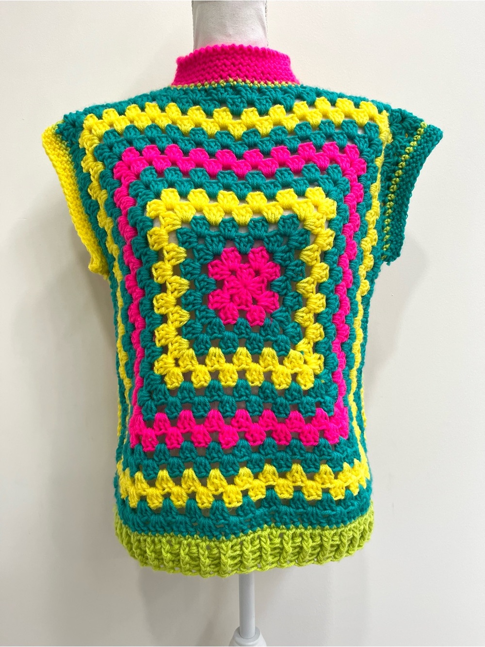 Handmade granny square patchwork short sleeve sweater vest hot pink yellow green